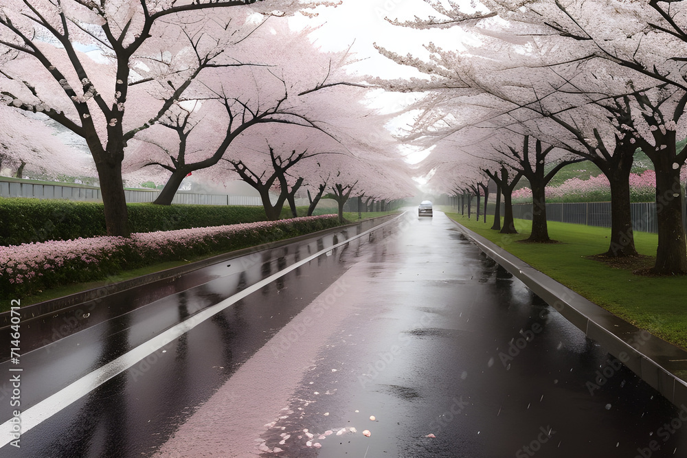Rainy cherry blossom road,Generative AI Rainy cherry blossom road,Generative AI