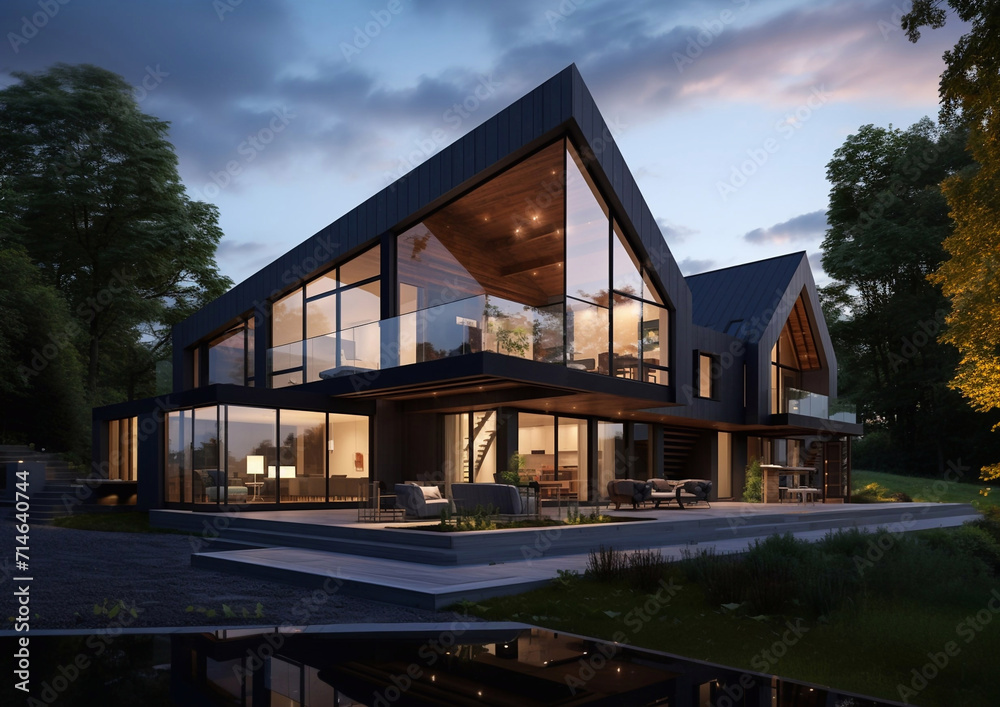 Large black wood house with terrace in modern design scandinavian style.Macro.AI Generative. Large black wood house with terrace in modern design scandinavian style.Macro.AI Generative.