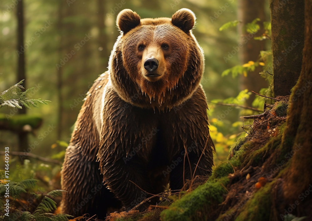 Fototapeta premium Wild grizzly brown mammal bear in green forest.Macro.AI Generative.