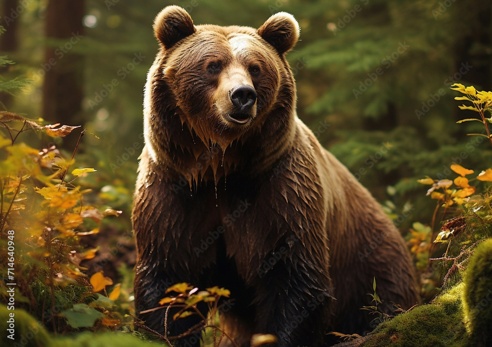 Fototapeta premium Wild grizzly brown mammal bear in green forest.Macro.AI Generative.
