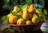 Sweet ripe pears with leaf in basket on summer garden background.Macro.AI Generative.