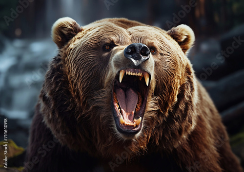 Roar of large hungry wild grizzly brown mammal bear.Macro.AI Generative.