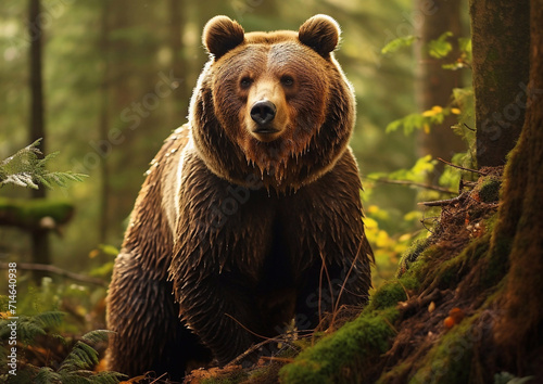 Wild grizzly brown mammal bear in green forest.Macro.AI Generative.