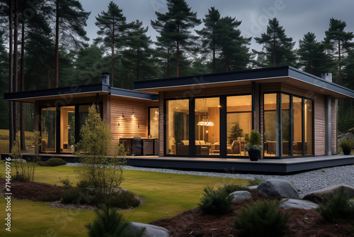 Scandinavian style modern cottage with large windows, terrace, landscape design, trees, forest background © zgurski1980