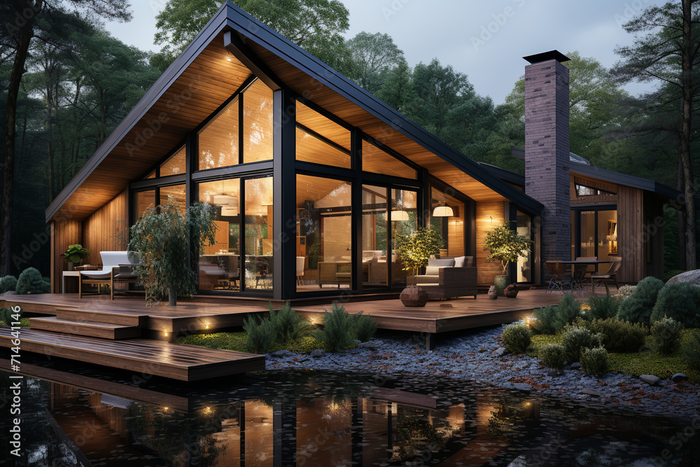 Scandinavian style modern cottage, pond, lake, terrace, landscape design, trees, forest background