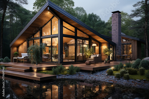 Scandinavian style modern cottage, pond, lake, terrace, landscape design, trees, forest background