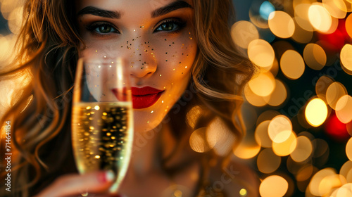 close-up of a beautiful woman holding a glass of champagne in her hands