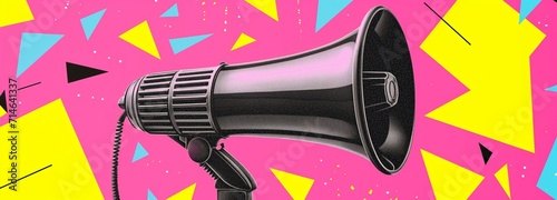 Vintage megaphone illustration in pop art style with vibrant pink, yellow, and blue geometric shapes on a retro-inspired poster.