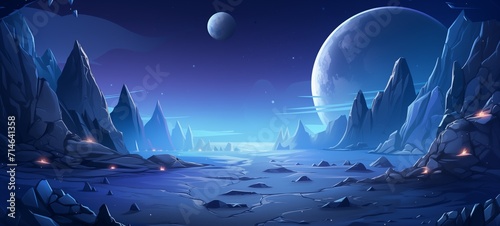 Fantasy alien landscape with icy terrain, sharp mountains under a twilight sky, featuring a detailed moon and dominant planet. Perfect for space-themed games.