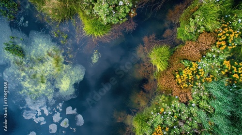  an aerial view of a body of water surrounded by green and yellow plants and grass in the foreground, with a blue sky in the middle of the background.