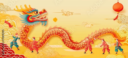 Festive Chinese New Year greeting card showcasing a dynamic dragon dance, with people in traditional attire against a golden, cloud-adorned background.