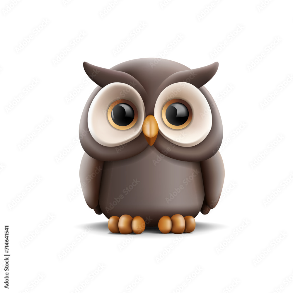 Fototapeta premium Cute fun cartoon owl character detailed icon, realistic animal shape with big eyes, beak and wings with paws