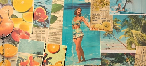 Nostalgic summer collage with vintage cut-and-paste elements, featuring citrus fruits, a retro woman in swimwear, and a tranquil beach scene, evoking a playful and relaxed vacation vibe.