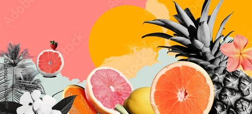 Vintage cut-and-paste style collage with a tropical sun, monochrome and colorful fruit slices, palm leaves, and playful strawberry, creating a fresh, summery vibe. © Maxim