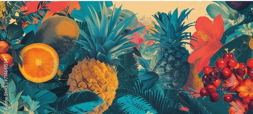 Sunny collage of tropical fruits and bright flowers, rendered in a vibrant vintage cut-and-paste style, bursting with lush greenery and summertime colors for a playful, sticker-art inspired aesthetic. photo