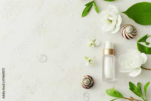 Snail slime natural cosmetic, vial and cream jars, plants on white background, still life, copy space, top view