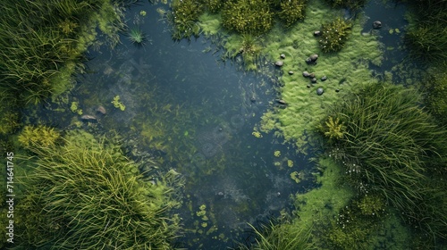  an aerial view of a body of water surrounded by lush green grass and trees  with a bird s eye view of the water in the middle of the picture.