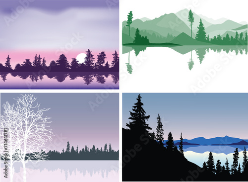 four pine forest landscapes set