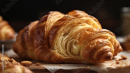 Zoom in on the intricate layers of a freshly baked croissant, highlighting the golden-brown flakiness that promises a delightful crunch. - Generative AI photo
