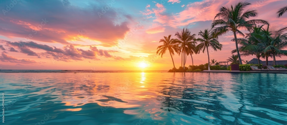 Stunning sunset view, luxury resort, colorful sky, palm trees, peaceful beach. Ideal vacation spot.
