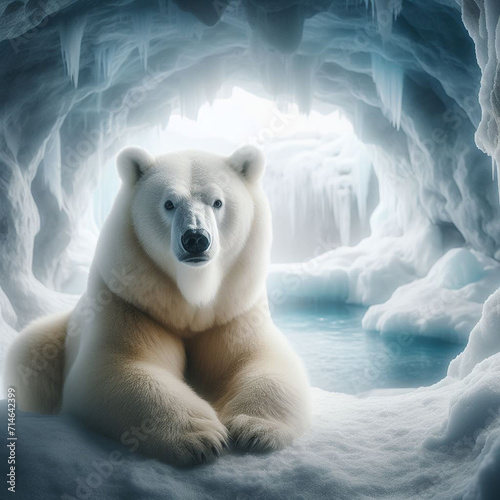 A beautiful white bear sits in his ice cave Ai generated art