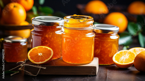 orange jam in a glass jar. orange jam on a wooden background. Delicious natural marmalade photo