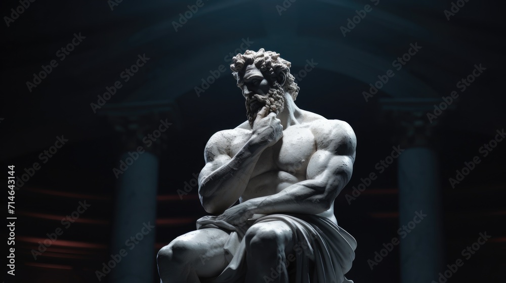 Muscular statue of a Greek philosopher in a museum