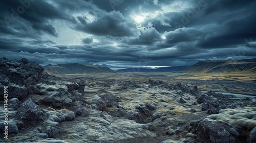  a rocky landscape under a cloudy sky with mountains and a valley in the foreground with a river running through the middle of the valley, and a few clouds in the distance.