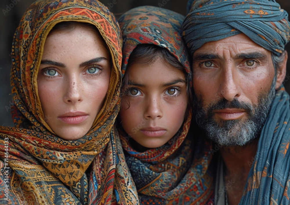 Portrait of refugees family tired from long journey.Macro.AI Generative. Portrait of refugees family tired from long journey.Macro.AI Generative.