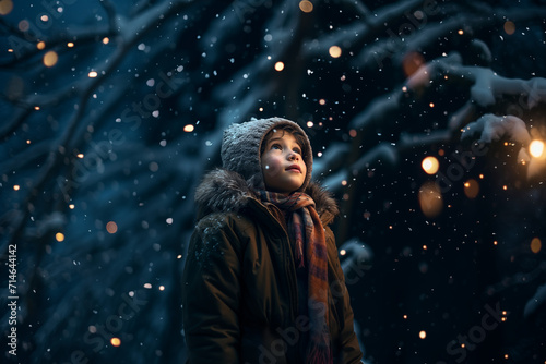 jeune garçon dehors dans une forêt habillé avec un manteau, une écharpe et un bonnet de laine, qui regarde les yeux en l'air la neige tomber