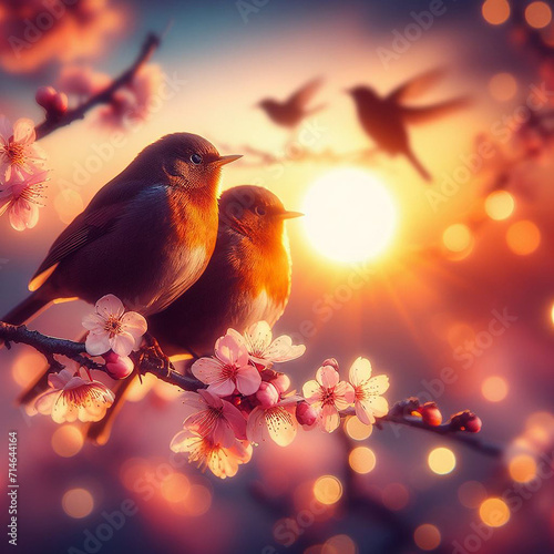 Two beautiful birds on a branch of a cherry blossom tree