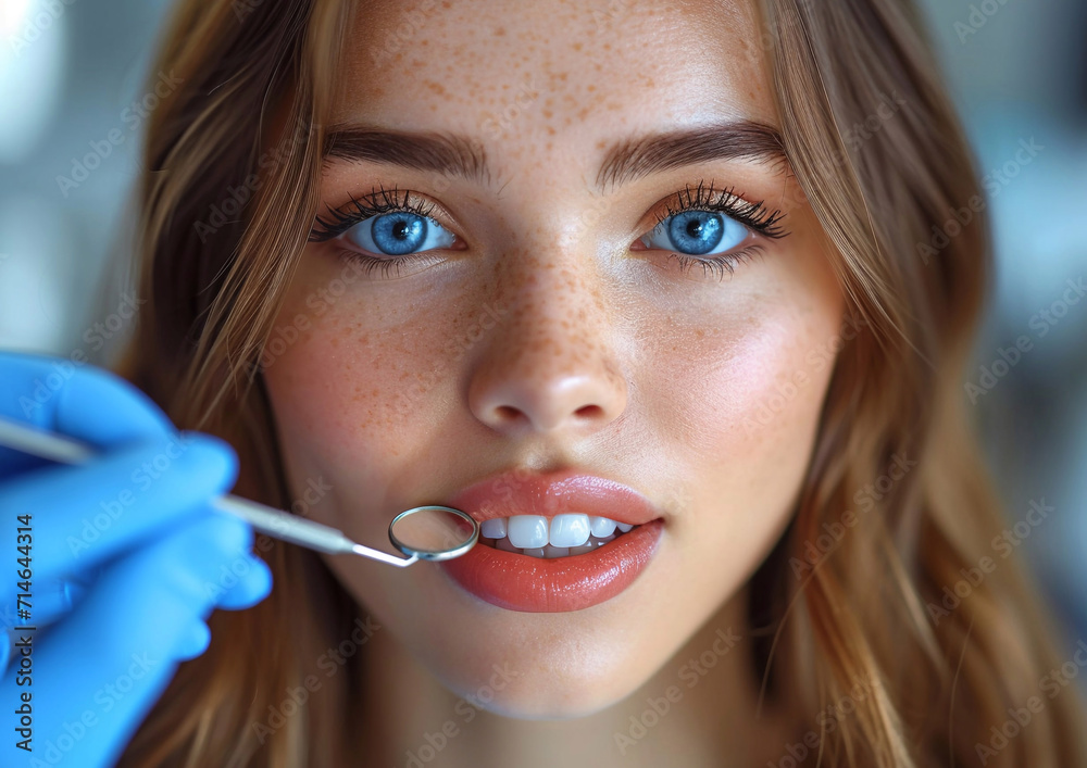 Beautiful young woman with perfect teeth on dental check up with dental mirror in orthodontic clinic.Macro.AI Generative.