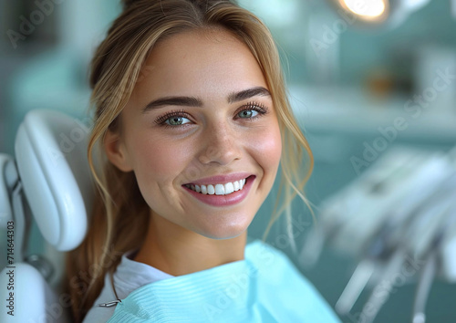 Young woman in dentist chair ready for dental check up and hygiene in orthodontic clinic.Macro.AI Generative.
