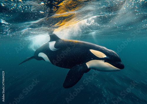 Large orca killer whale predator swimming in ocean.Macro.AI Generative.