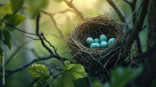  a bird's nest filled with blue eggs on a tree branch in front of a green leafy tree with the sun shining through the branches in the background.