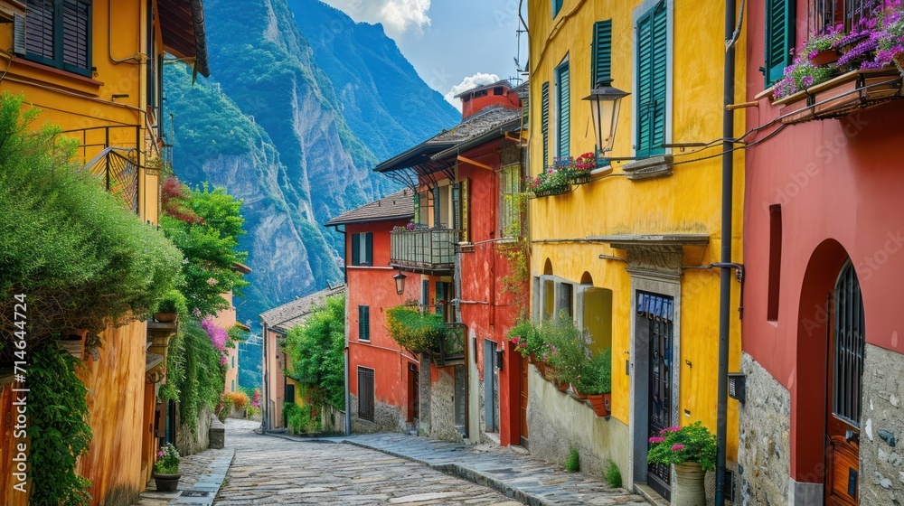 Fototapeta premium a cobblestone street in a small village with a mountain in the backgrouf of the picture and a mountain in the backgroufground.