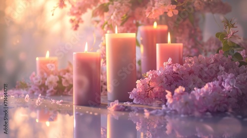  a group of pink candles sitting on top of a table next to a bunch of pink flowers and a vase filled with pink and white flowers next to each other pink flowers.