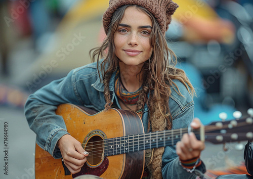 Happy beautiful female street musician singer with acoustic guitar making beautiful music on city streets.Macro.AI Generative. photo