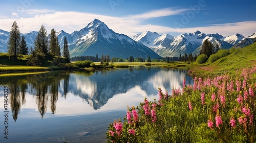 Tranquil Alpine Lake Surrounded by Blossoming Wildflowers and Majestic Mountains