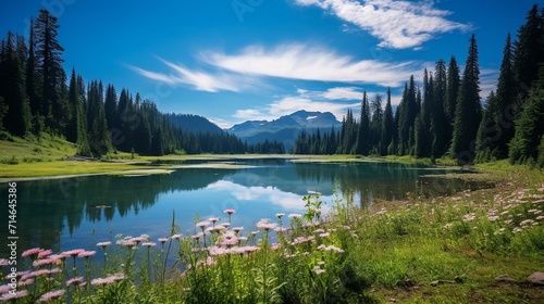 Tranquil Mountain Lake with Wildflowers