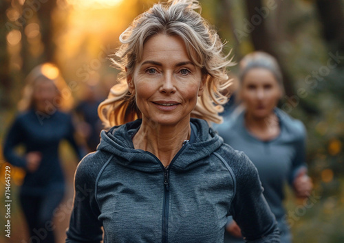 Mature attractive woman running in large city central park on sunny summer evening.Macro.AI Generative.