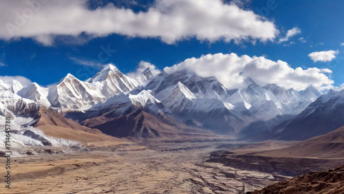 Panoramic view of himalayas mountains, Mount Everest. Panoramic view of the snowy mountains in Upper Mustang, Annapurna Nature Reserve, Nepal © Xabi