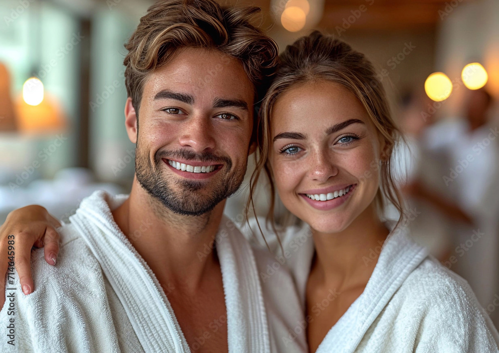 Happy young couple in white bathrobes in luxury hotel spa resort.Macro.AI Generative. - obrazy, fototapety, plakaty 