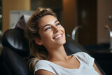 Attractive caucasian woman with a snow white smile is relaxed sitting in a massage chair, teeth whitening, dental clinic advertising, prosthetics, veneers