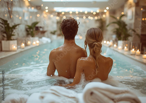 Rear view of young couple in jacuzzi swimming pool on luxury hotel spa resort.Macro.AI Generative.