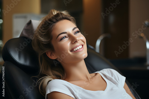 Attractive caucasian woman with a snow white smile is relaxed sitting in a massage chair, teeth whitening, dental clinic advertising, prosthetics, veneers photo