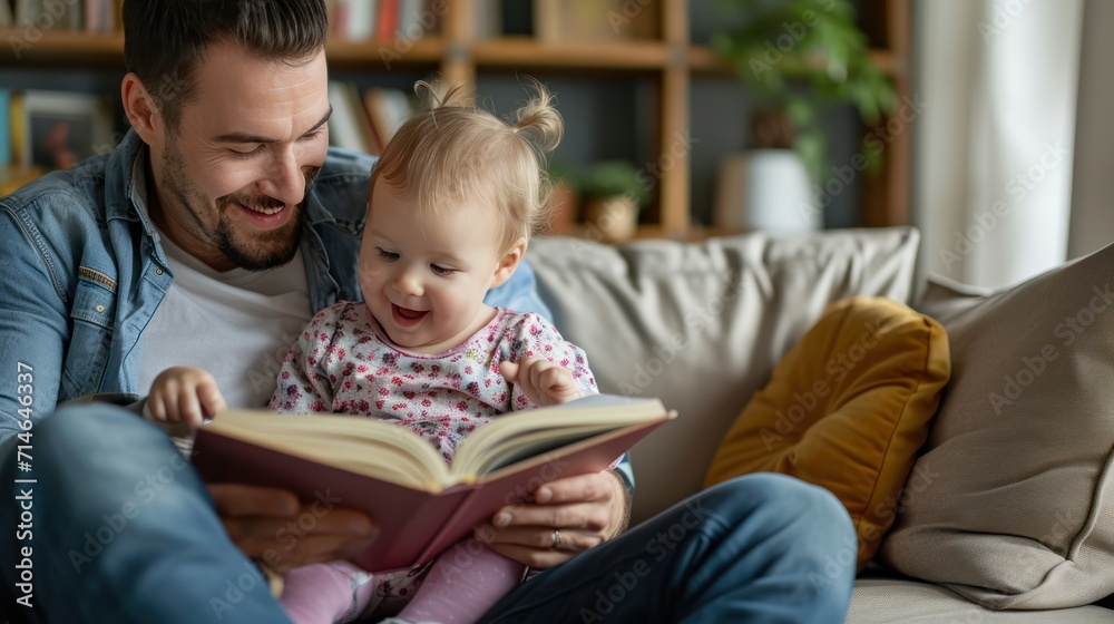Happy father relax and read book with baby time together at home. parent sit on sofa with daughter and reading a story. learn development, childcare, laughing, education, storytelling, practice. Happy father relax and read book with baby time together at home. parent sit on sofa with daughter and reading a story. learn development, childcare, laughing, education, storytelling, practice.