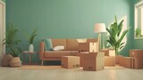 Moving house, relocation. New house, inside the room was a cardboard box containing personal belongings and furniture. move in the apartment or condominium. Generate by AI