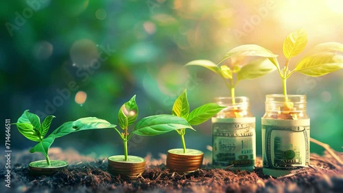 Plants On Money In Increase With Flare Light Effects - Money Growth Concept	