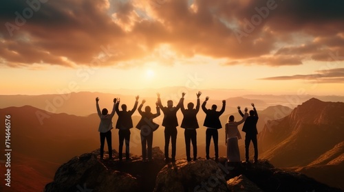 Silhouette of business team stand and feel happy on the most hight at the mountain on sunset, success, leader, teamwork, target, Aim, confident, achievement, goal, on plan, finish, generate by AI